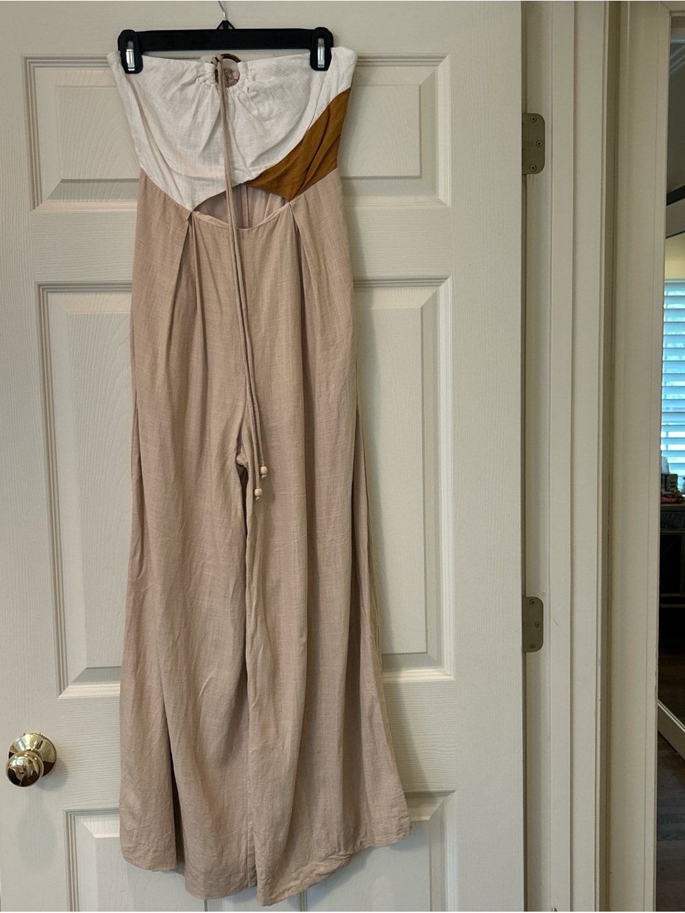 Strapless Colorblock Wide-Leg Jumpsuit in Beige